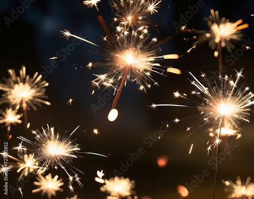 Close up of a lit sparkler showing bright sparks and bokeh light effect in the background. Creating a festive atmosphere