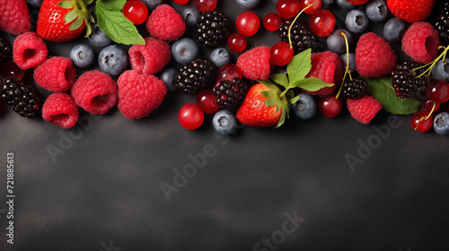 Healthy mix berries fruits clean eating selection on dark grey background. Cherry  blueberry  raspberry colorful fruits organic food top view flat lay copy space