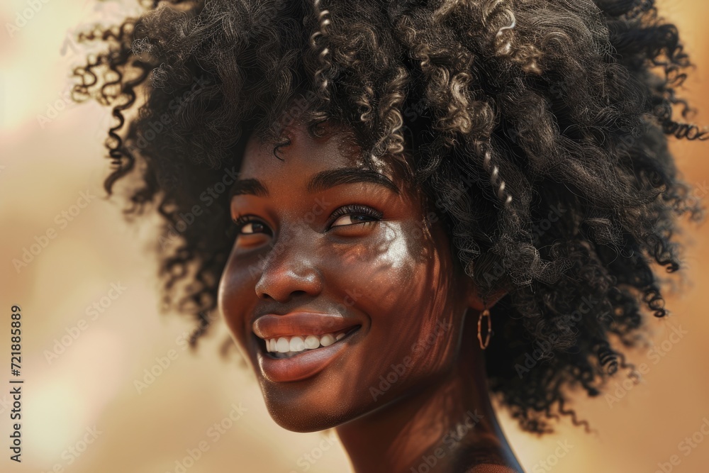 Smiling African American woman with healthy skin and curly hair. Smiling African American woman with healthy skin and curly hair.