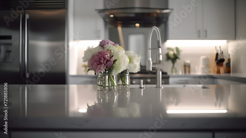 Elegant Modern Kitchen with Vibrant Floral Bouquet AI-Generative photo