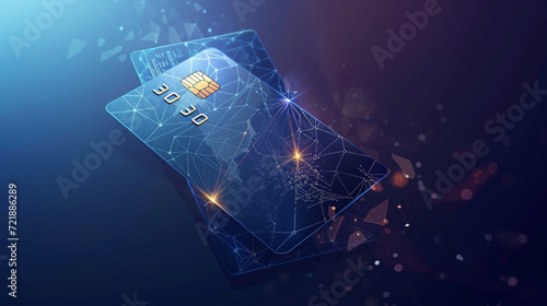 Bank card low poly with light effect on dark blue background vector. Generative AI photo