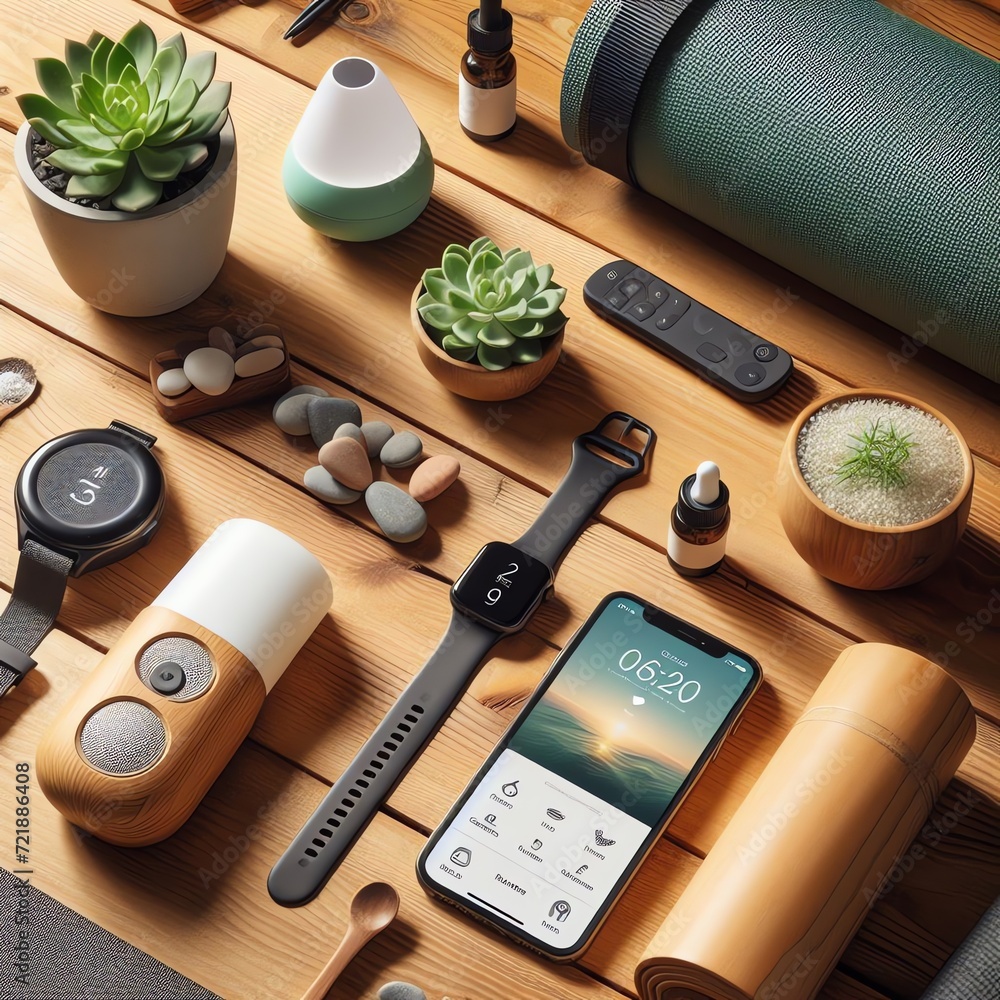 Wellness and Fitness Accessories on Wooden Table Wellness and Fitness Accessories on Wooden Table