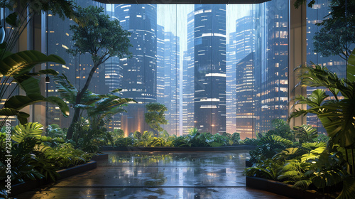 An expansive square floor space filled with lush green plants  creating a vibrant and refreshing atmosphere. Generative AI
