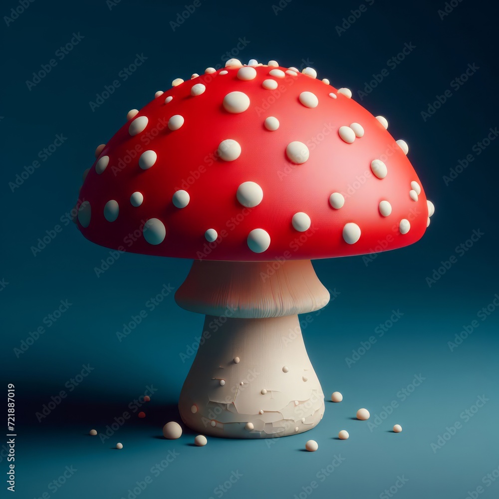 Beautiful fly agaric mushroom isolated on a navy blue background. Amanita realistic 3D model. Toadstool trendy composition. Wide screen wallpaper, for design and banners. Beautiful fly agaric mushroom isolated on a navy blue background. Amanita realistic 3D model. Toadstool trendy composition. Wide screen wallpaper, for design and banners.