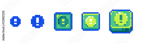 Pixel Alert Icon Set for Retro Game UI. Retro 8-Bit Style Warning and Attention Buttons