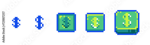 Pixel Money Icon Set for Retro Game UI. Retro 8-Bit Style Dollar Currency, Price and Payment Buttons
