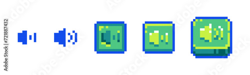 Pixel Sound Volume Icon Set for Retro Game UI. Retro 8-Bit Style Audio Speaker Buttons