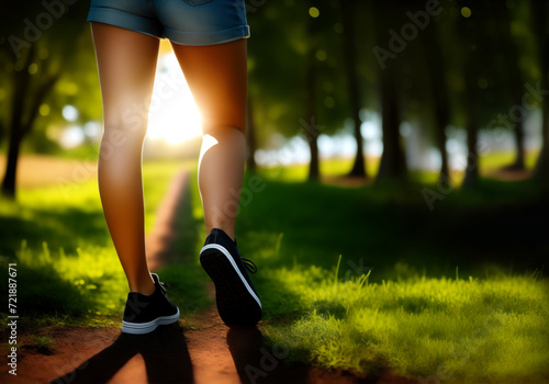 Morning jog. Feet in athletic shoes on the path of the green alley. AI generative. photo