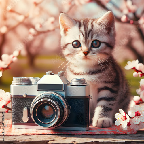Little cute kitten with vintage photo camera on a wooden table. cute striped cat stands at a retro camera in a spring blooming garden.  kitten with camera. 