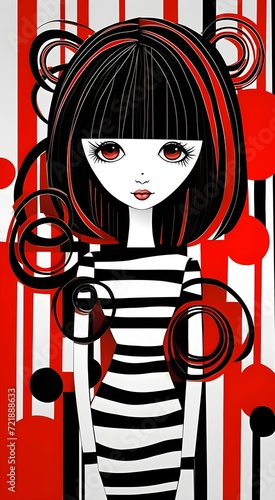 Portrait of a beautiful girl. with black hair and red hair in cartoon style. Fashion illustration