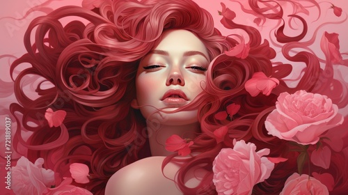 Beautiful woman with long red hair and flowers