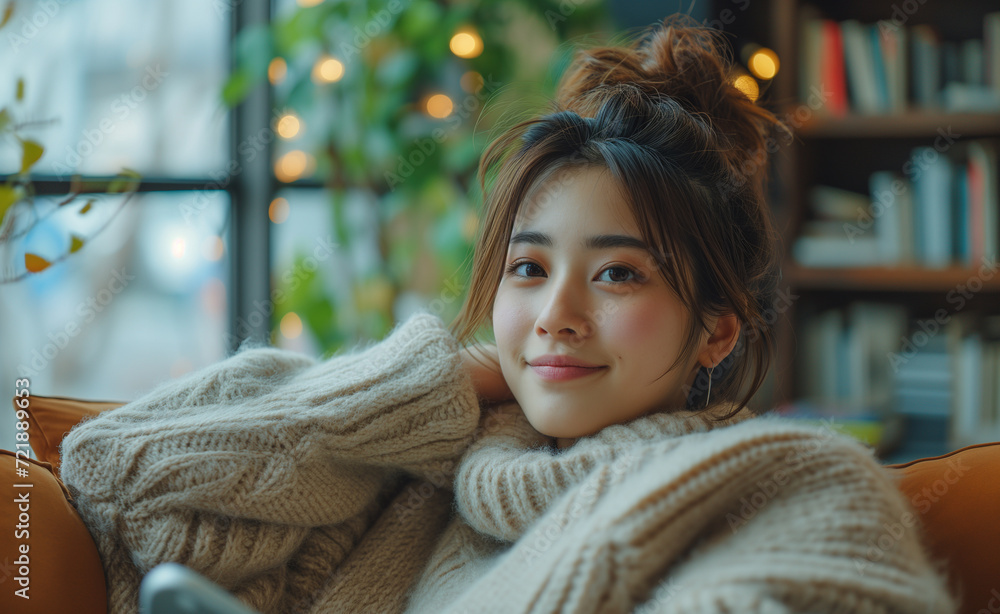 Young Japanese woman relaxing on a sofa Young Japanese woman relaxing on a sofa