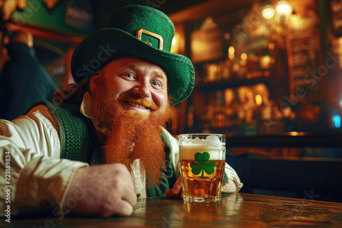 smiling red bearded man in a green hat with a mug of beer in an Irish pub