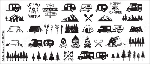 Camping vector illustration set. Camping tent and mountains icons. Camper trailer, marshmallow, campfire, pine tree vector stock illustration. Great for outdoor branding.