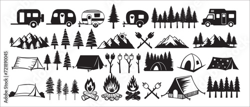 Camping vector illustration set. Camping tent and mountains icons. Camper trailer, marshmallow, campfire, pine tree vector stock illustration. Great for outdoor branding.