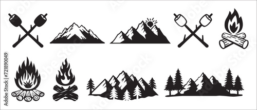 Mountains vector set. Campfire illustration set. Marshmallow icons. Vector stock illustration. Great for outdoor branding.