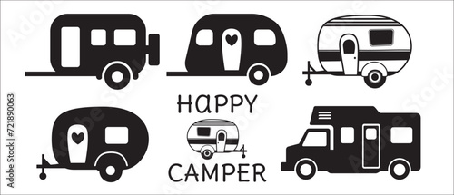 Camping trailer vector illustration set. Camping truck trailer icons. Camping home vector stock illustration. Great for outdoor branding.