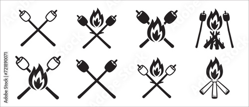 Camp fire marshmallows vector set. Bonfire illustration set. Burning fire wood, marshmallow vector stock illustration. Let's get toasted sicker. photo