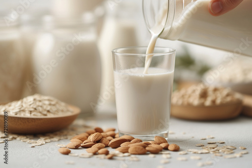 Healthy Milk Alternatives: Almond, Soy, and Oat in Elegant Glass Bottles