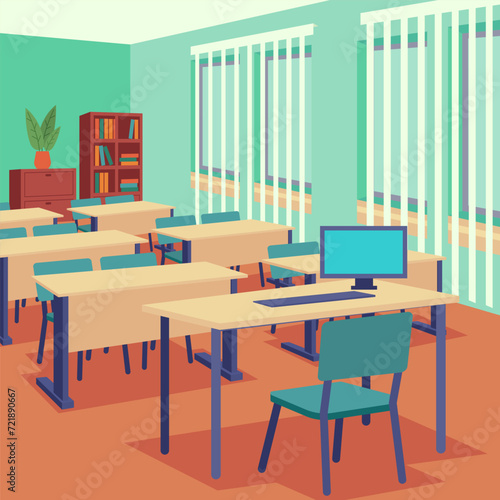 Empty school classroom interior vector illustration. Teachers desk with computer, schoolchildren desks and chairs, bookshelf. Education, interior design concept