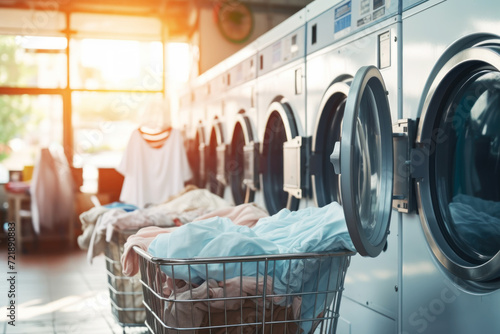 Washing machine with row of vending washing machine in laundromat. Laundry service concept
