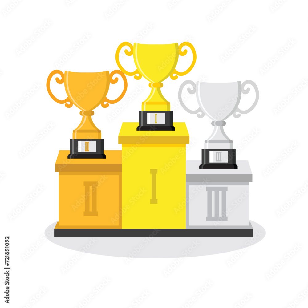 Trophy number 1,2 dan 3 on the podium. Gold, silver, and bronze trophies. Winner award concept vector illustration in flat design. Trophy number 1,2 dan 3 on the podium. Gold, silver, and bronze trophies. Winner award concept vector illustration in flat design.
