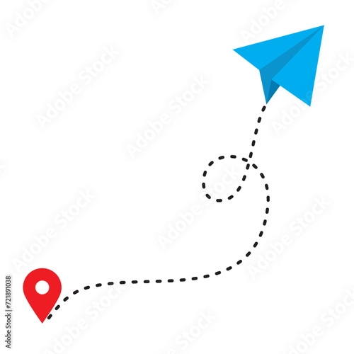 Paper airplane with map pins and dotted path. Travel and tourism symbol.flat style vector illustration