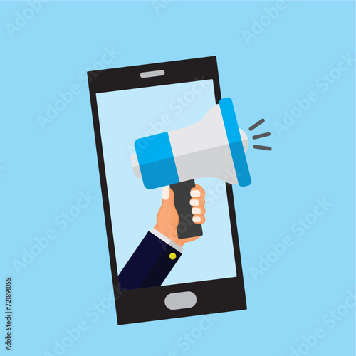 Megaphone on smart phone. Illustration for announcements, advertisements or promotions. Notification on the phone.flat style illustration