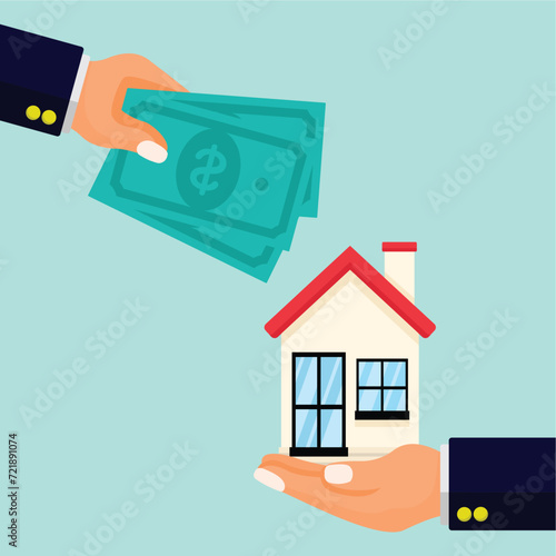 illustration of the concept of a home purchase transaction, home buyer, flat style vector illustration