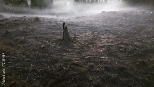 Aerial of broken cracked tree stump in clearcut field on foggy morning