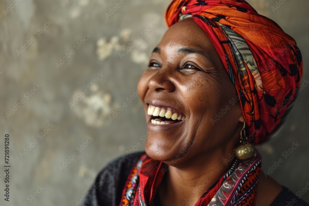 Cheerful African woman in headscarf laughing and happy.
