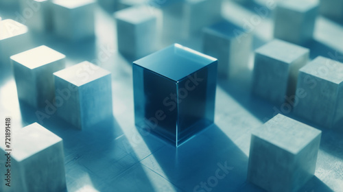 A blue cube sits on a background of white three-dimensional cubes.