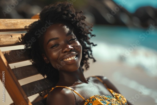 Happy African American woman sunbathing on tropical beach. Smiling girl enjoying vacation.