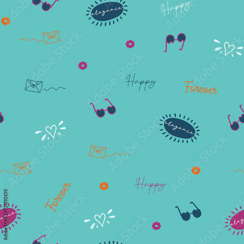 Cute, trendy, conversational seamless pattern print, doodle flowers, floral pattern, thought bubble, positive quotes, slogans, fabric, textile, tshirt, packaging, wrapping, girls, kids, women