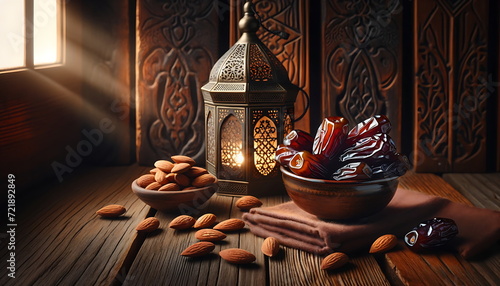 experience the Eid Mubarak Radiance with this Ramadan Lantern Glow Background with dates palm fruits and almond on wood table. perfect for Greeting Cards, Wallpapers, Banners, and Presentations.
