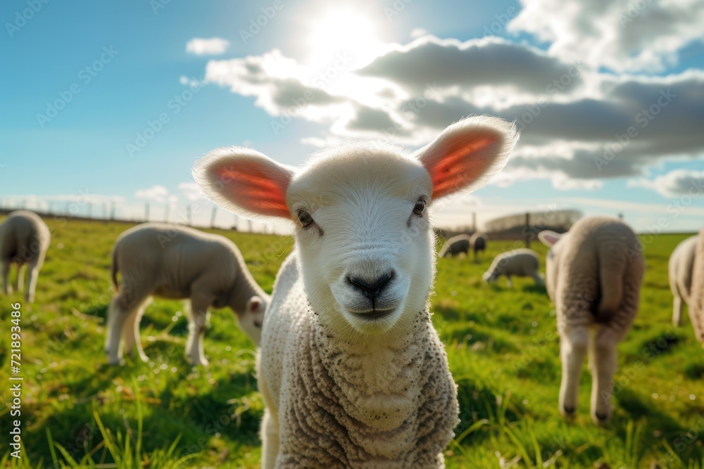 Fototapeta premium Healthy Curious lamb in a Feild
