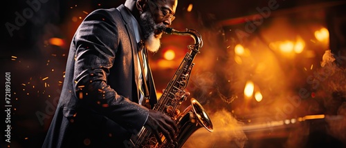 saxophone player playing jazz music at the night club photo