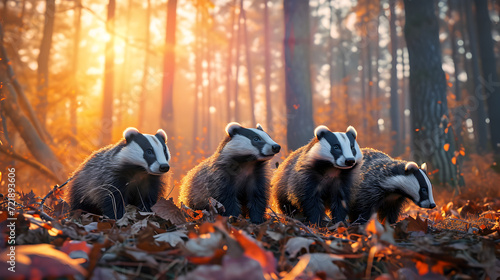 Badgers standing in the forest in the evening with setting sun shining. Group of wild animals in nature. © linda_vostrovska