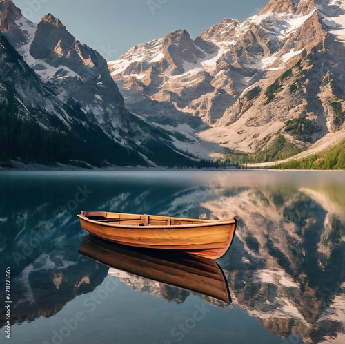 Boat on the shore of a snowy mountain lake in the Alps.