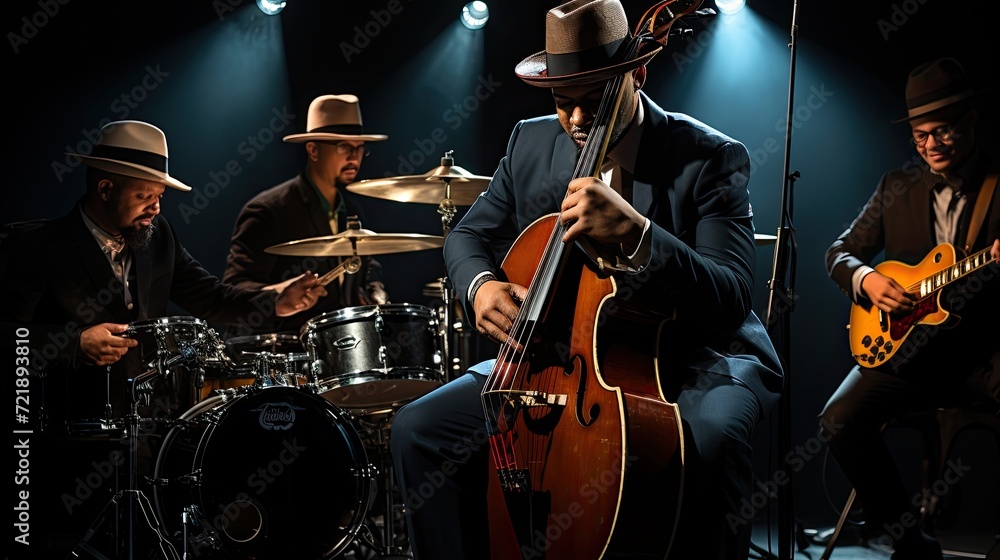 virtuoso double-bass player player playing jazz music instrument at the night club