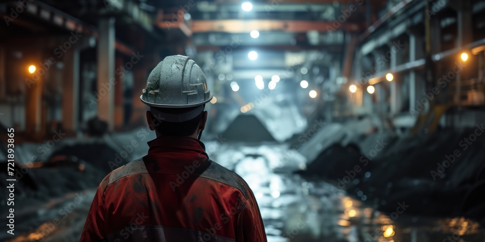 Miner engineer wearing a helmet looking at the mining site Miner engineer wearing a helmet looking at the mining site