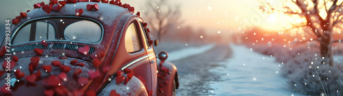 Red decorated vintage car in motion carrying Valentine's hearts in a winter countryside with snow cover in sunset backlight. Horizontal, banner.