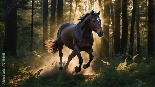 A spirited horse running through a dense forest while sunlight coming through trees