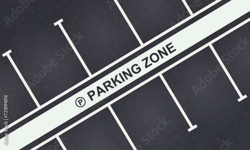Asphalt surface with parking spaces. Empty city car park with sign, top view.