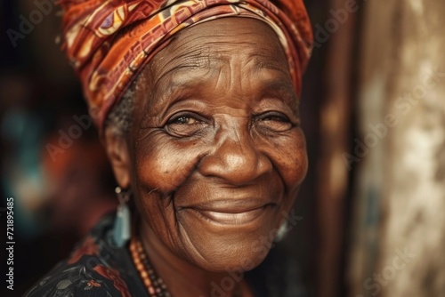 Happy elderly African woman closeup portrait
