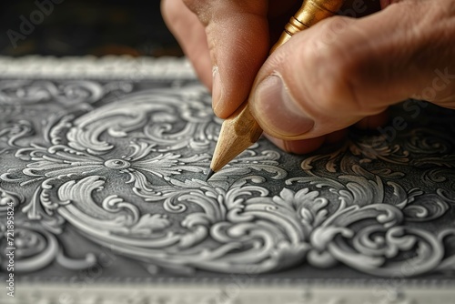 Close-up of a hand drawing intricate swirls and patterns around the border of a blank card