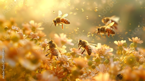 Bees engaging in a dance with flowers, collecting nectar, bees and their floral surroundings.