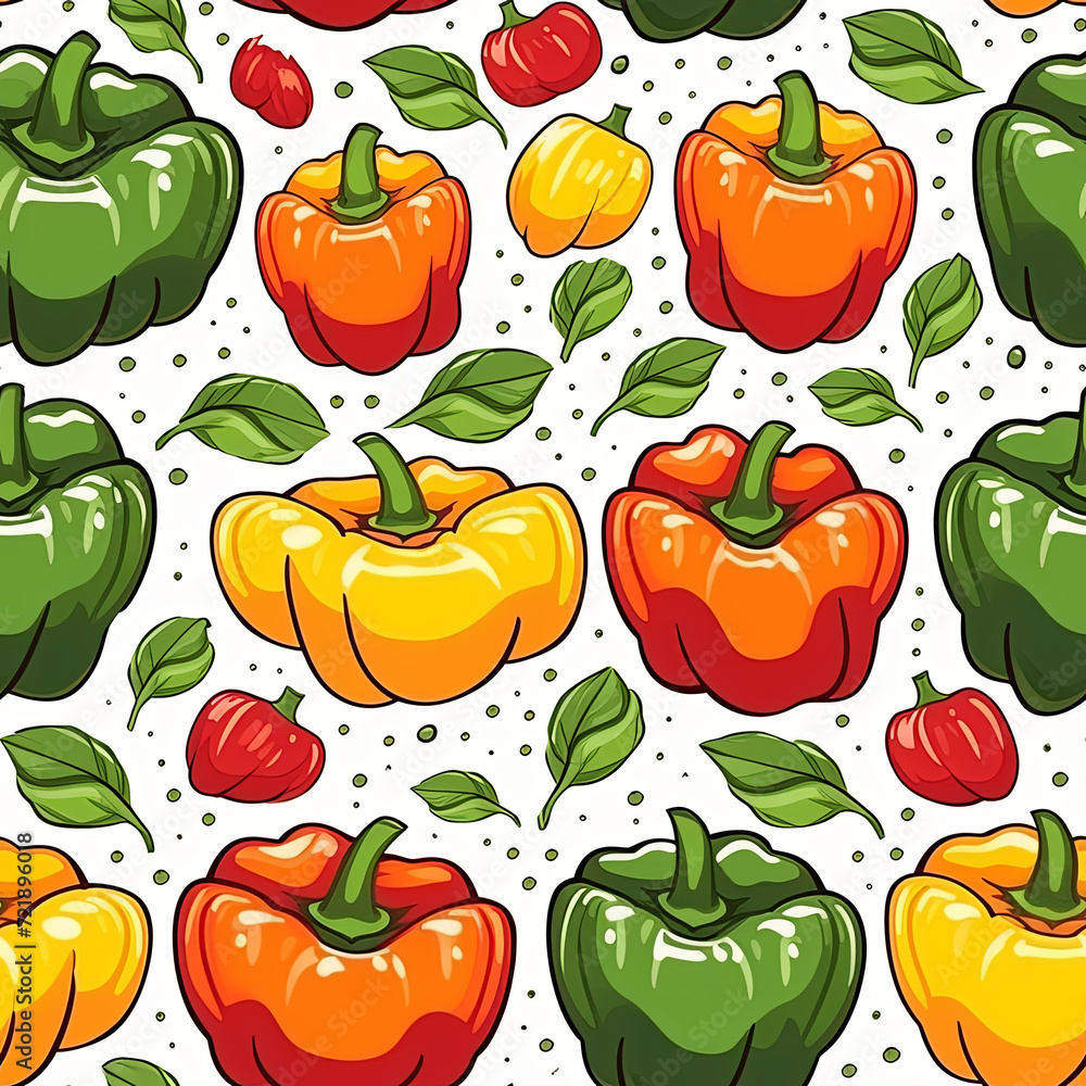 Illustration of a seamless pattern with four colorful bell peppers: green, red, yellow, orange on a white background Illustration of a seamless pattern with four colorful bell peppers: green, red, yellow, orange on a white background