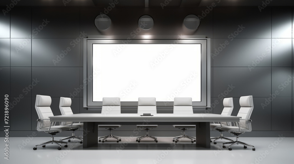 A conference room with white blank screen for mock up, copy space