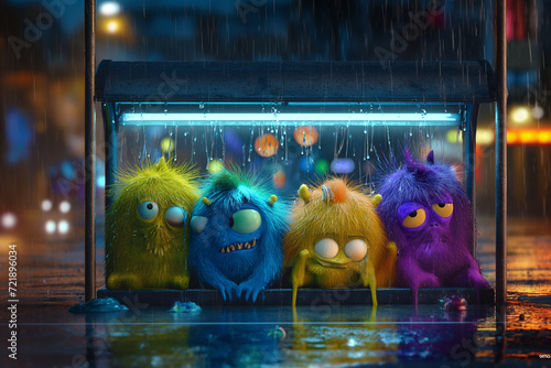A group of cute colorful alien monsters stuck together under the heavy rain in the city. A rainy night with fog